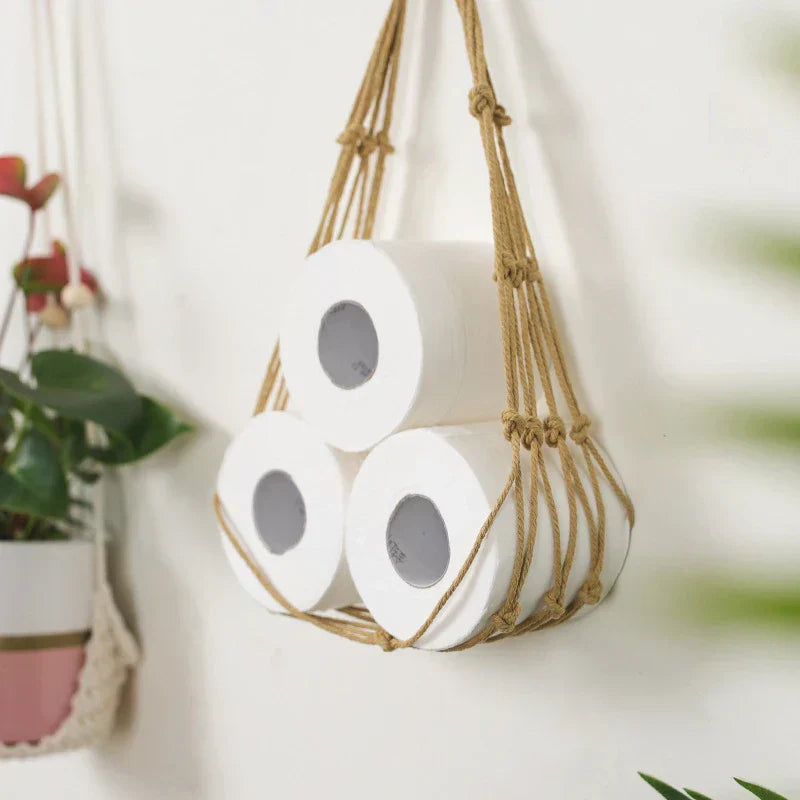 Natural cotton rope holder, Nordic design, hanging storage for toilet paper and bathroom organization.