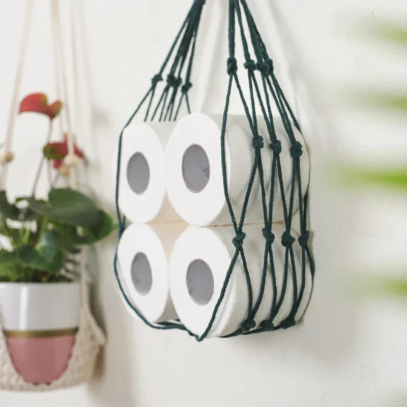 Minimalist Nordic Cotton storage, hand-knotted hanging organizer, excellent for space-saving bathrooms.