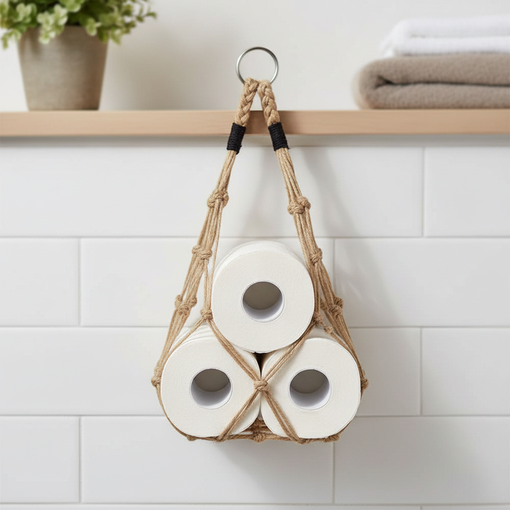 Nordic hanging cotton toilet paper holder, natural rope, minimalist bathroom storage