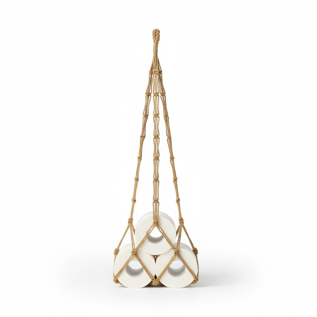 Vertical hanging cotton toilet paper holder, space-saving design for modern bathrooms