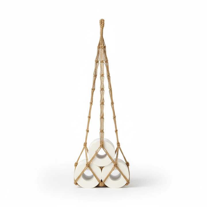 Vertical hanging cotton toilet paper holder, space-saving design for modern bathrooms