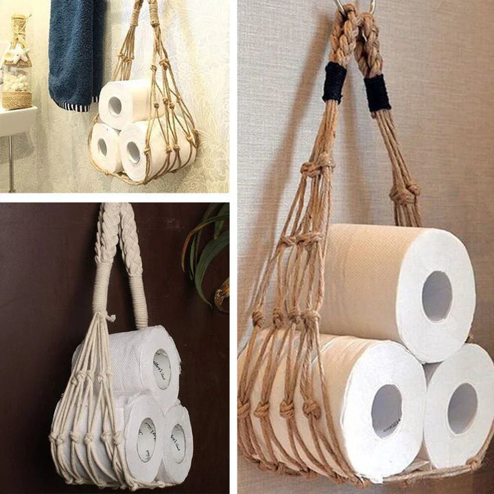 Handcrafted cotton toilet paper holder, natural materials, rustic bathroom accessory