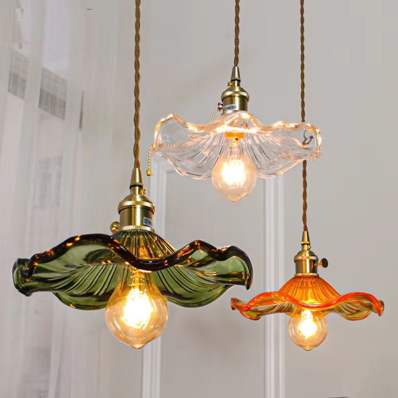 Nordic LED pendant lamp, colorful glass & copper, modern bedroom lighting decor