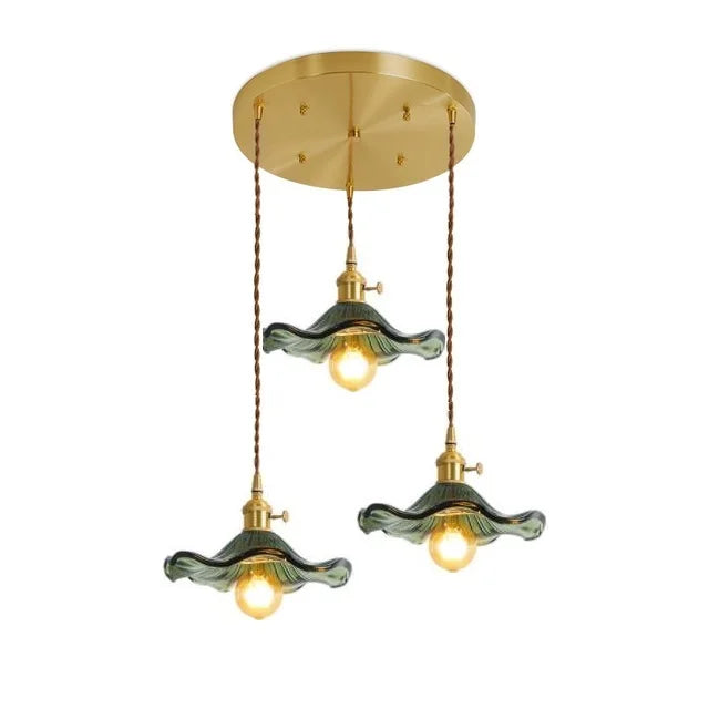 Elegant Nordic LED pendant, colorful ribbed glass, polished copper body
