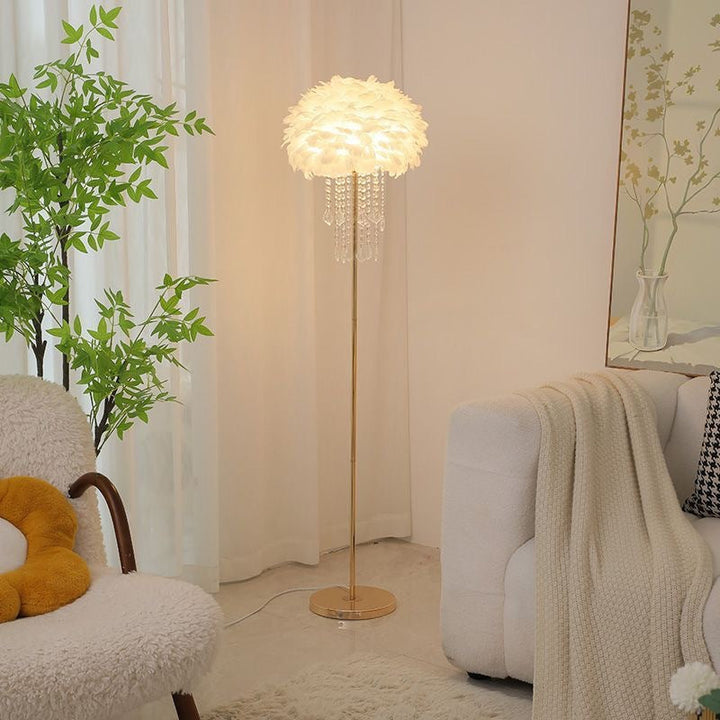 Elegant feather and crystal floor lamp with Nordic design, perfect accent lighting for any room.