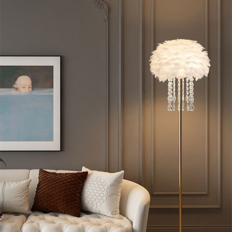 Modern Nordic feather floor lamp with crystal accents, ideal elegant lighting for living room decor.