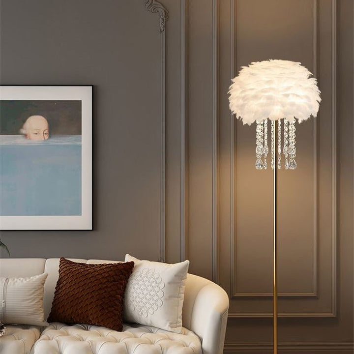 Modern Nordic feather floor lamp with crystal accents, ideal elegant lighting for living room decor.