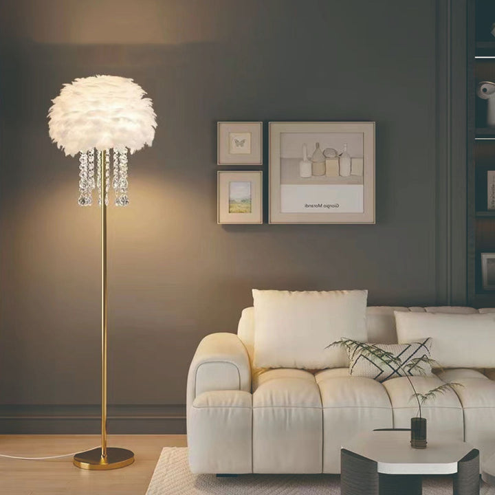 Luxurious feather & crystal floor lamp, offering soft, elegant lighting and Nordic style home decor.
