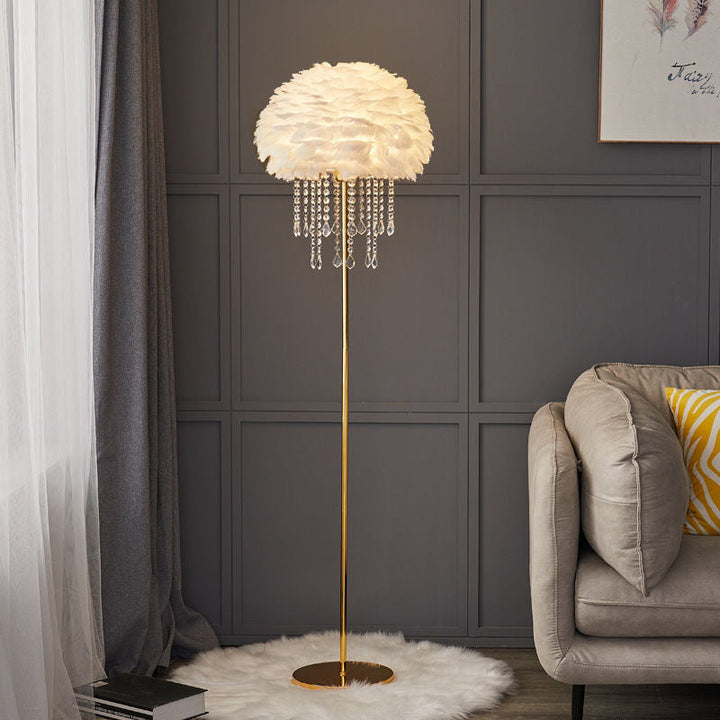 Stunning Nordic style floor lamp featuring delicate feathers & sparkling crystals, unique lighting piece.