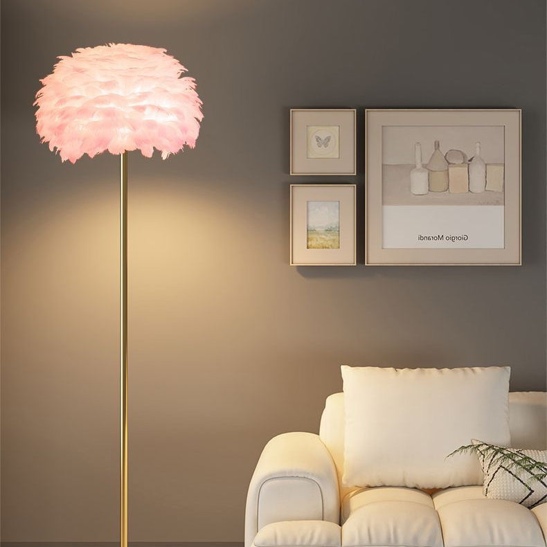 Tall Nordic feather & crystal floor lamp, provides ambient elegant lighting for living rooms & bedrooms.