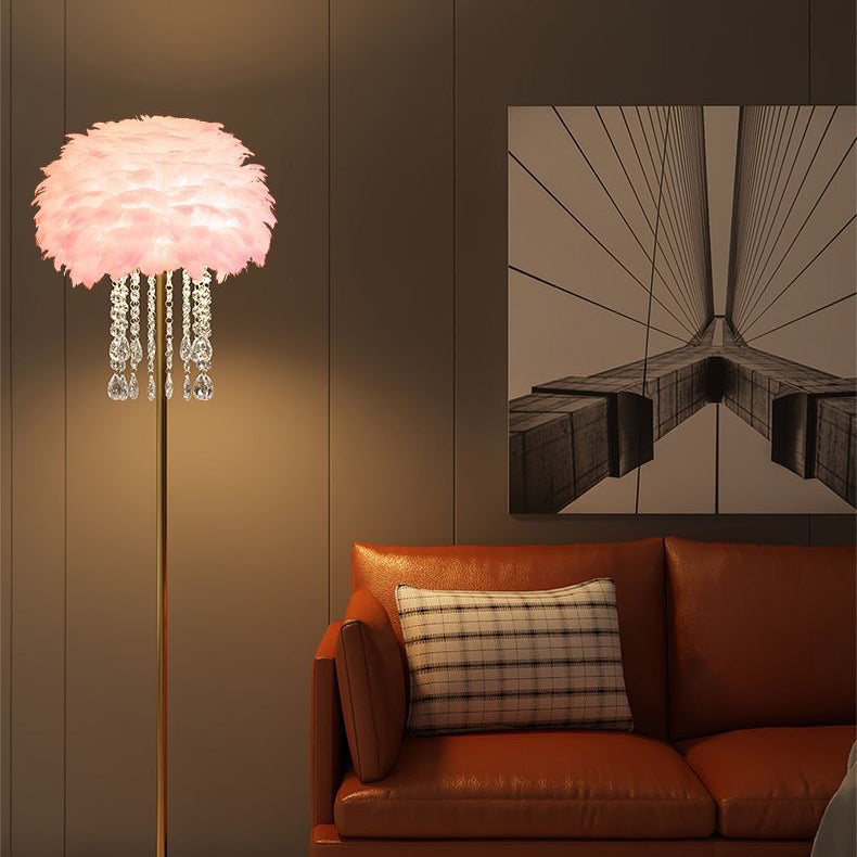 Decorative Nordic feather crystal floor lamp, an elegant lighting accent for modern home decor.