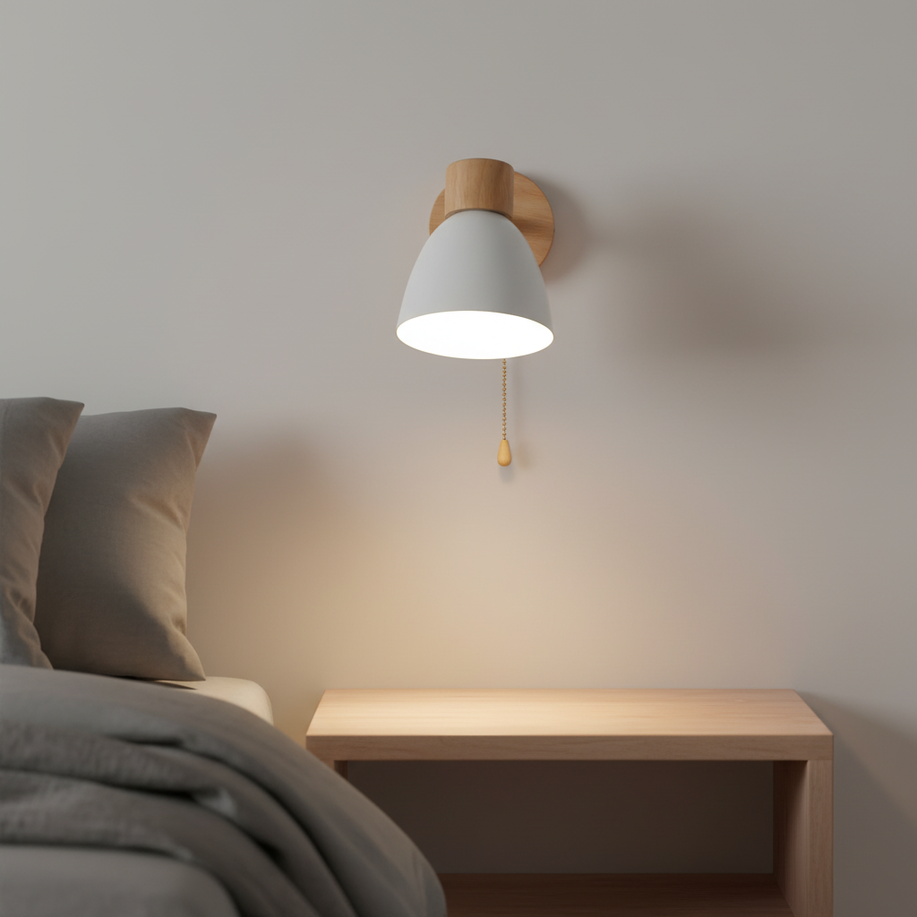 Nordic Wood Wall Lamp, adjustable wooden sconce with E27 base, ideal for modern bedrooms