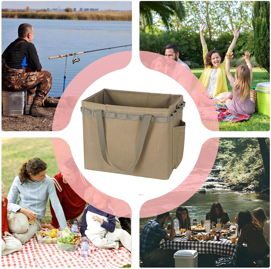 Khaki waterproof camping duffle bag showcasing its durable straps and zippers