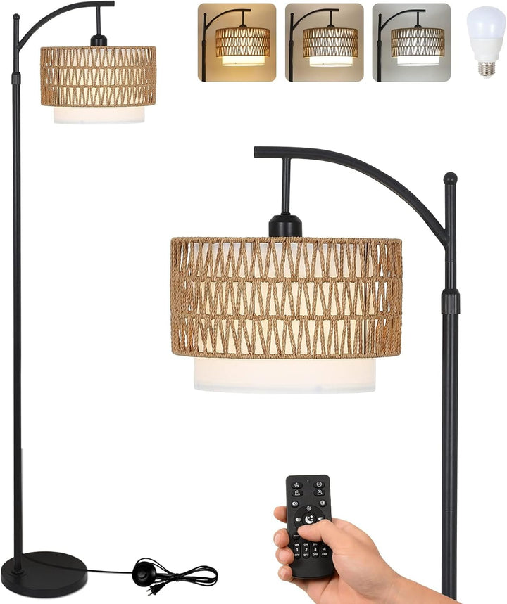 Norvella Modern Arc Floor Lamp with Dual Shades & Remote Control, curved design for living rooms