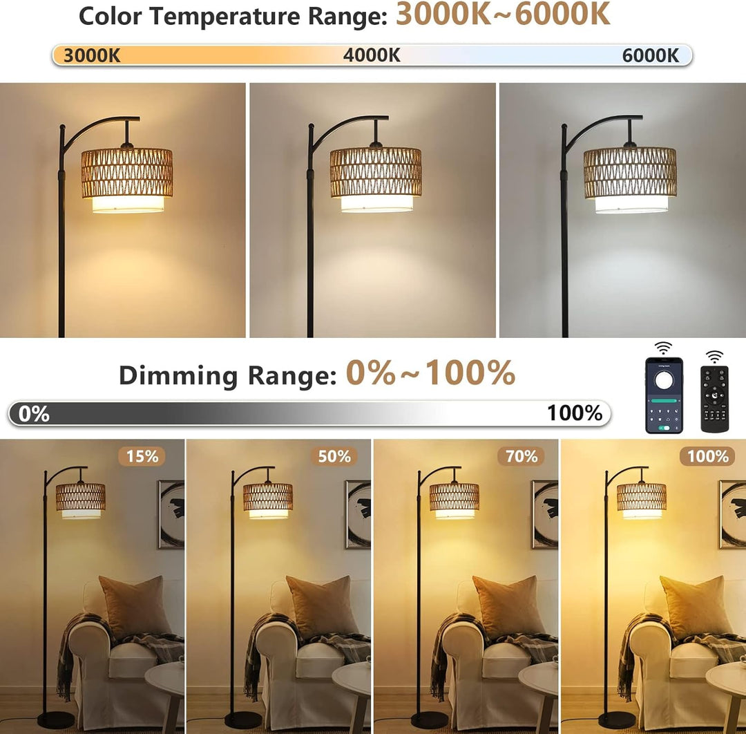 Stylish arc floor lamp with two adjustable fabric shades, ideal for modern living room lighting