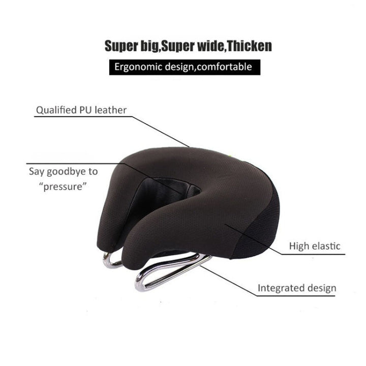 Pressure-relieving nose-less bike saddle with thick soft padding, promoting ergonomic comfort for cyclists.