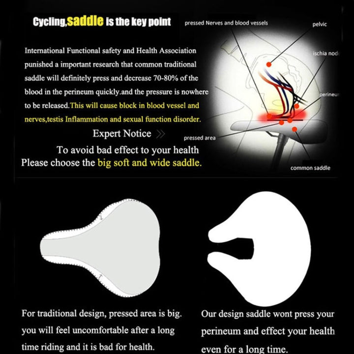 Thick padded nose-less bicycle saddle, an ergonomic unisex bike accessory for pressure-free cycling.