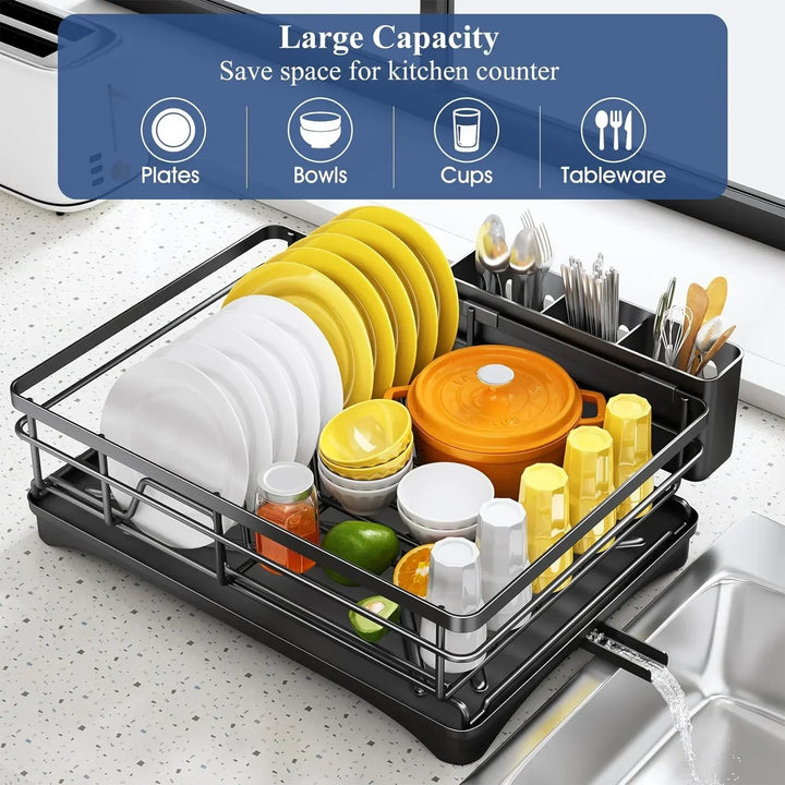 Stylish kitchen dish drying rack with integrated drainboard and spacious cutlery holder