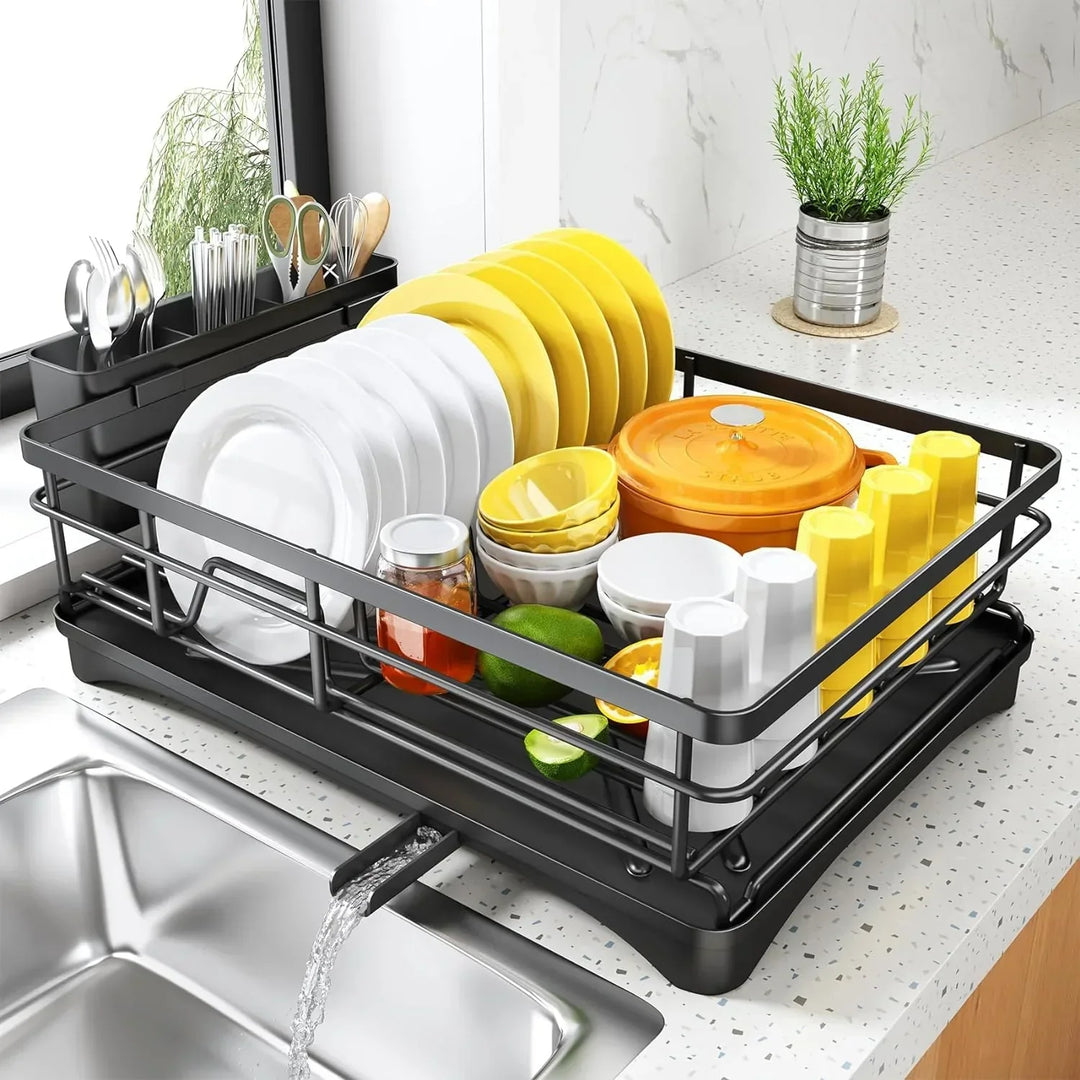 Nova rustproof dish drying rack with drainboard and large cutlery holder, perfect for kitchen organization.