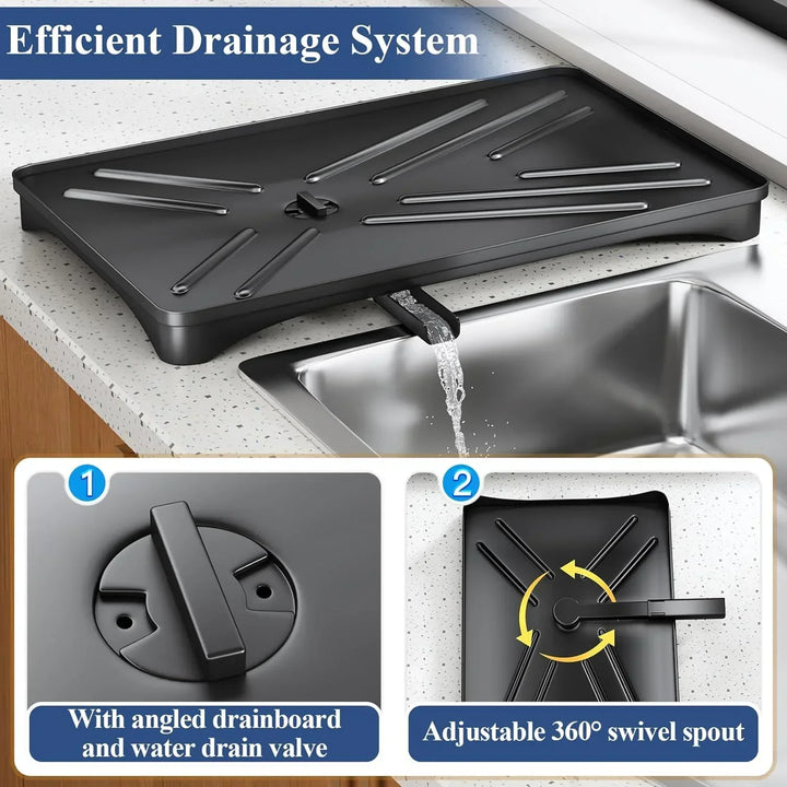 Modern dish rack for kitchen countertops, featuring a removable drainboard and large utensil holder.