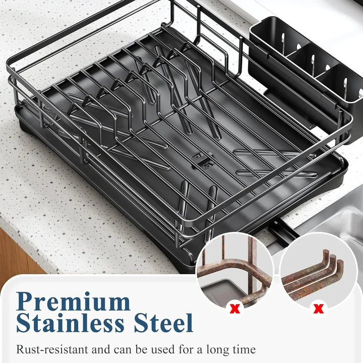 Rustproof dish drying rack with a sleek design, includes a drainboard and a generous cutlery holder.