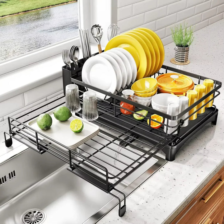 Efficient kitchen dish drying rack with a convenient drainboard and an oversized cutlery holder from Nova.