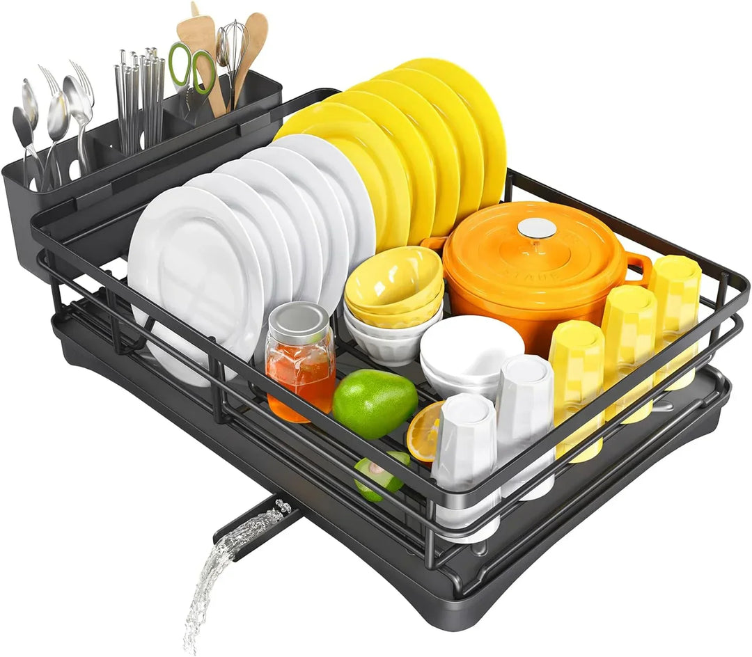 Durable dish rack with a base drainboard and ample cutlery holder, an essential kitchen sink accessory.
