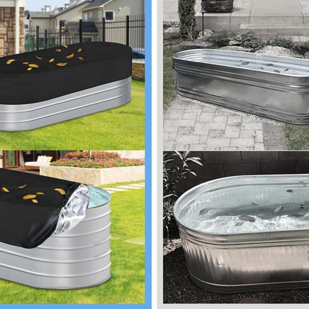 Outdoor scene with an ice bath covered by the sturdy, UV-resistant Novyra tank cover.
