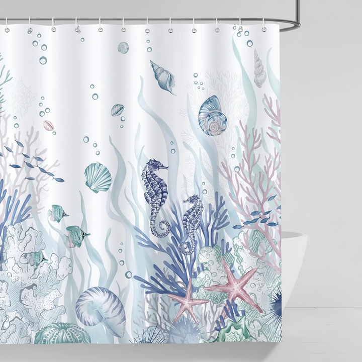 Waterproof OceanMuse shower curtain, polyester fabric, vibrant ocean design, easy care home decor