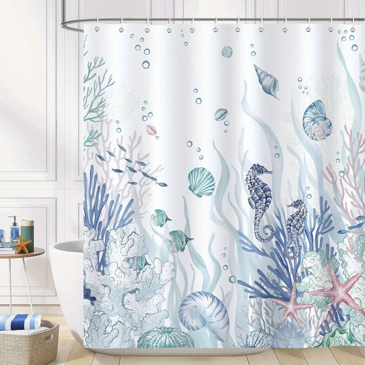 Marine themed shower curtain, durable polyester for bathroom, decorative and waterproof