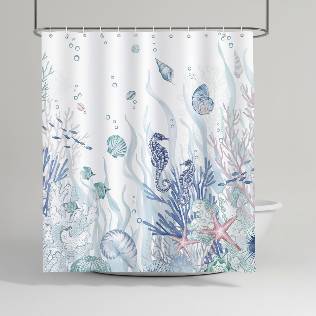 OceanMuse coastal shower curtain, detailed sea creatures, adds a touch of ocean decor to baths