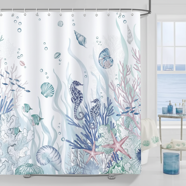 Ocean-themed waterproof polyester shower curtain with blue marine design for bathroom decor.