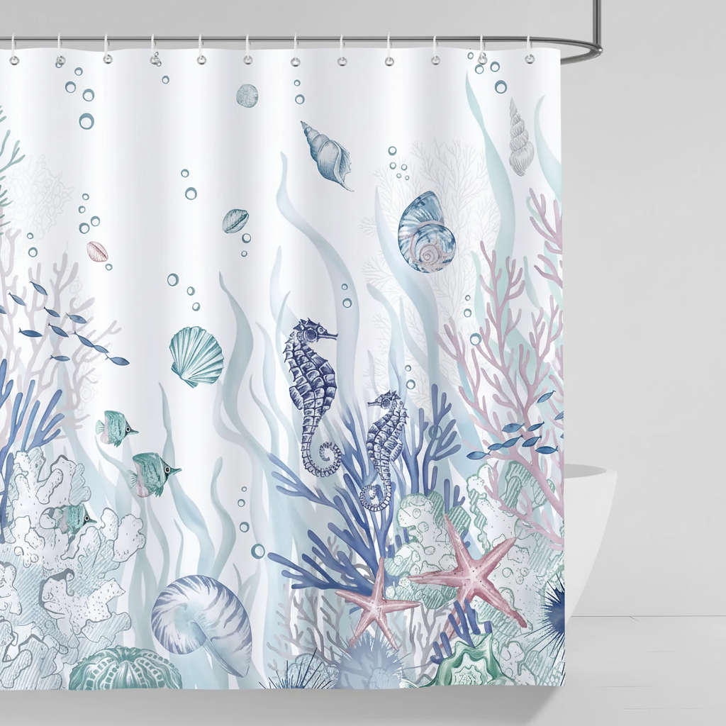 Ocean Breeze polyester shower curtain featuring a vibrant blue marine pattern, ideal for coastal bathroom decor.