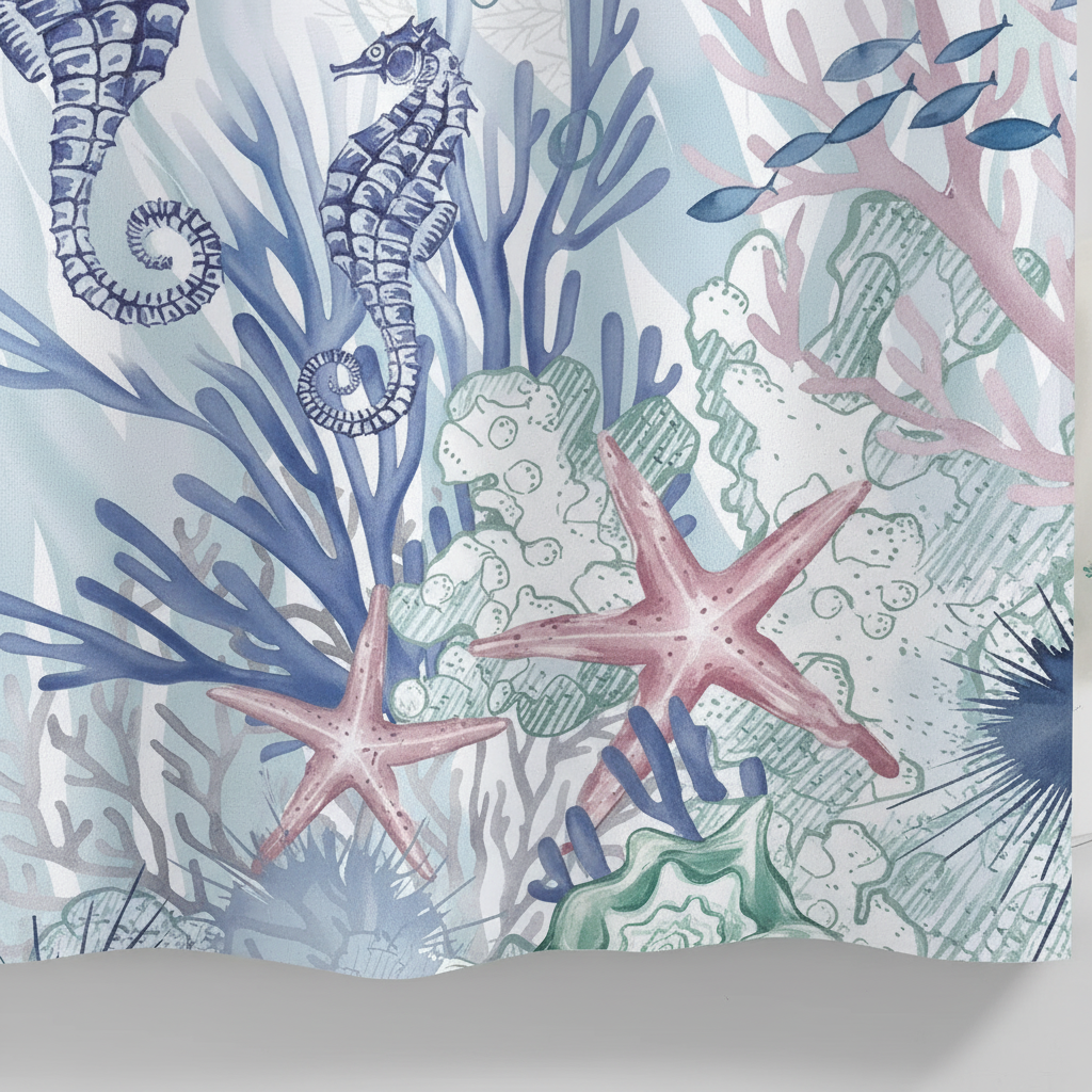 Waterproof Ozeanmotiv shower curtain, easy to clean polyester with a beautiful ocean design.