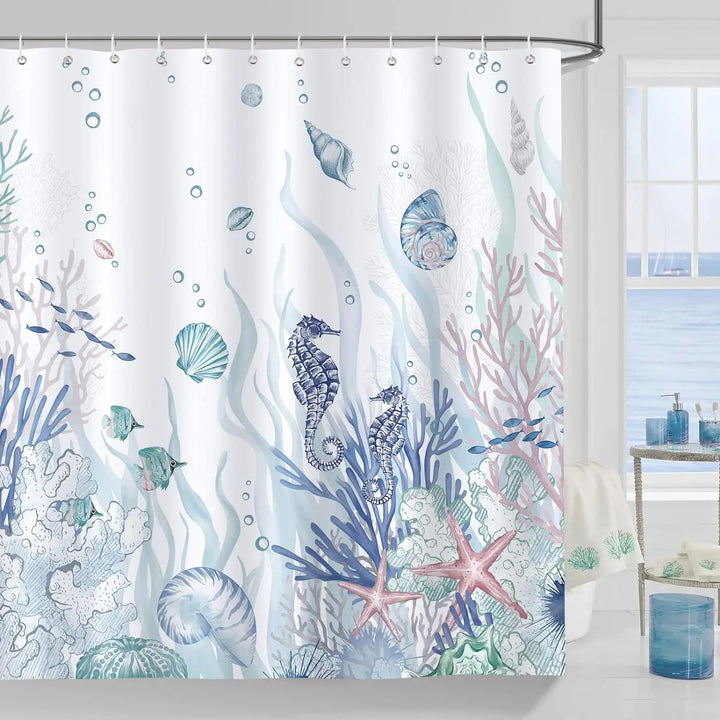 Coastal home decor shower curtain: blue ocean waves and marine life on waterproof polyester fabric.