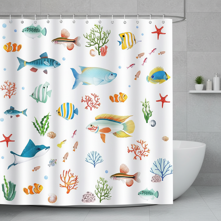 Oceanic shower curtain with vibrant marine life design, water-repellent polyester fabric