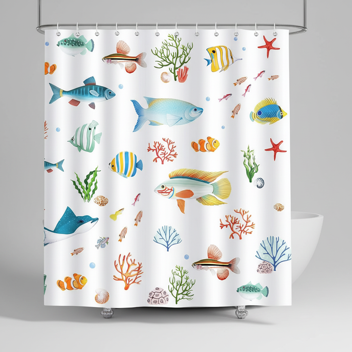 Decorative bathroom shower curtain, SeaMosa marine life pattern on washable polyester