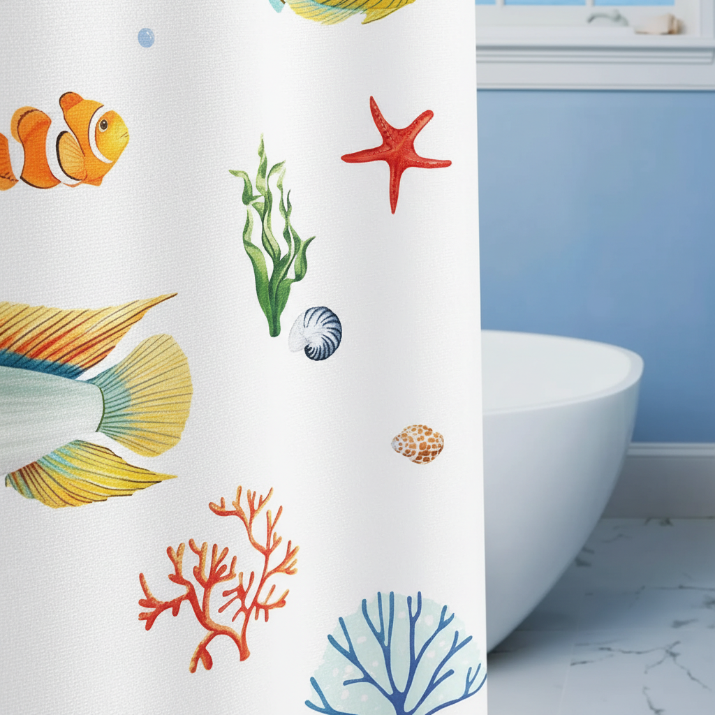 Close-up of water-repellent polyester shower curtain featuring colorful ocean animals