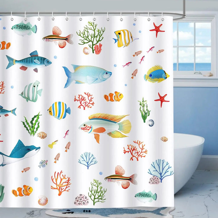 Full view of SeaMosa shower curtain, marine life pattern, perfect for ocean-themed bathrooms