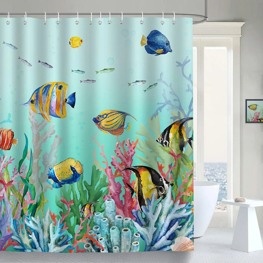 Washable polyester shower curtain with detailed marine life art, ideal bathroom decor