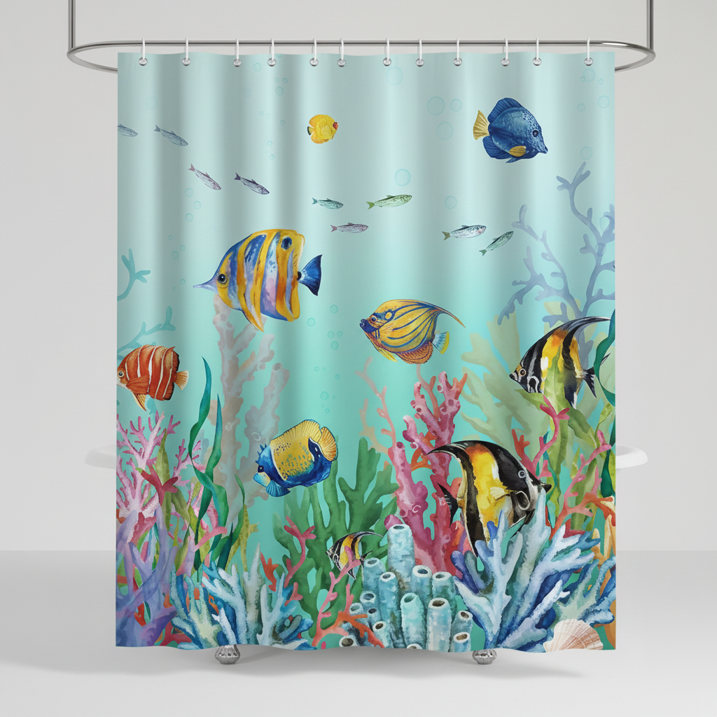 Ocean-themed shower curtain, water-repellent polyester, showcasing various sea creatures