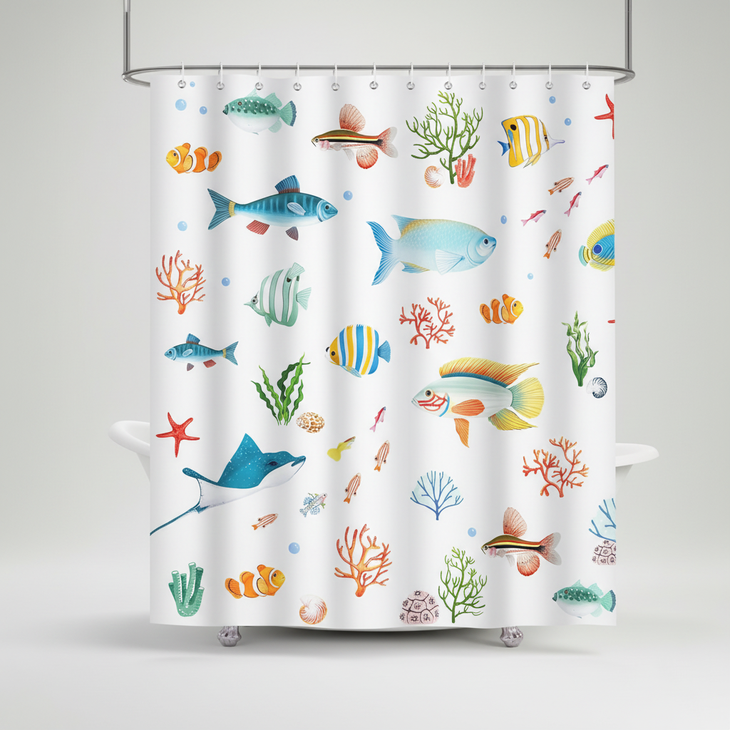 SeaMosa bathroom shower curtain, durable polyester with marine life design, easy to clean