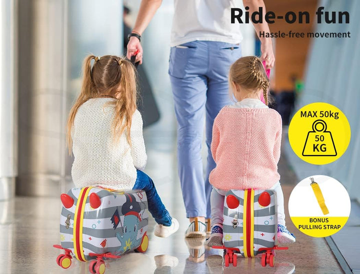 A happy child with their octopus pattern ride-on scooter suitcase, ready for family travel.