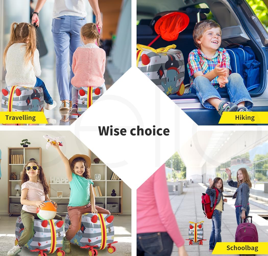 Side view of the children's 2-in-1 ride-on scooter suitcase featuring a playful octopus design.