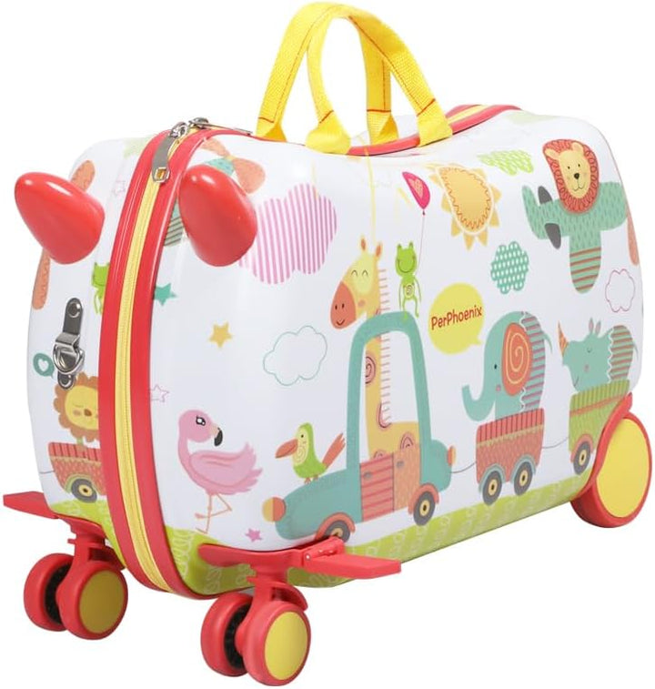 Octopus pattern kids ride-on suitcase with its scooter deck extended, showcasing 360° spinner wheels.