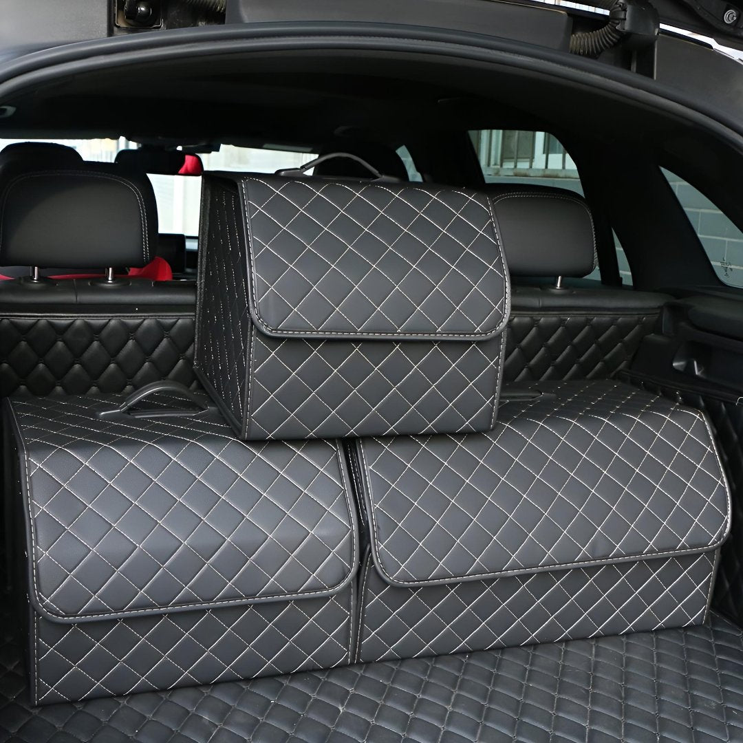 Opulentus PU leather luxury car trunk organizer. Foldable storage box keeps vehicle tidy, ideal for travel essentials.