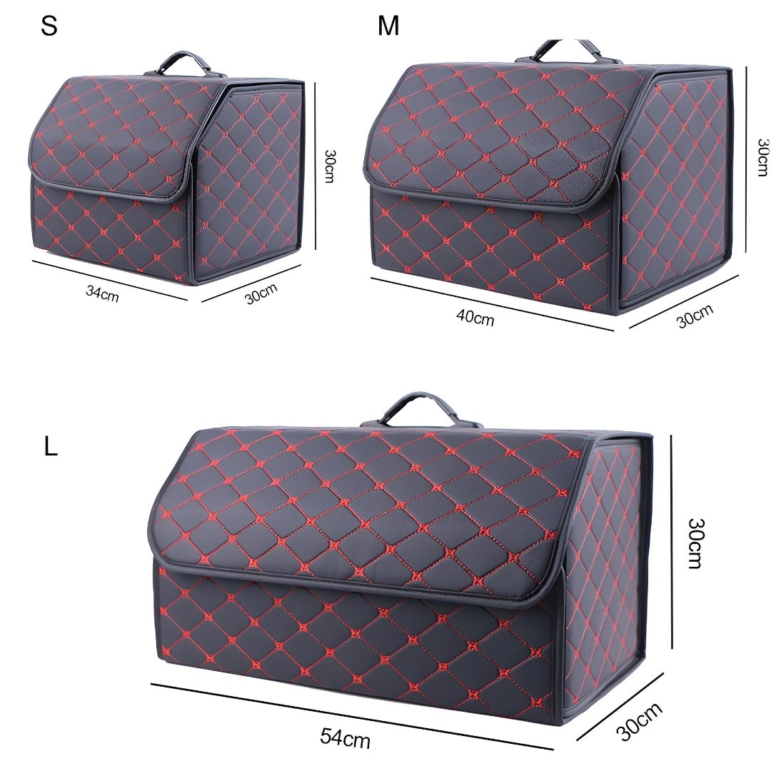 Premium car trunk organizer box for luxury vehicles. PU leather boot storage keeps items neat & secure.