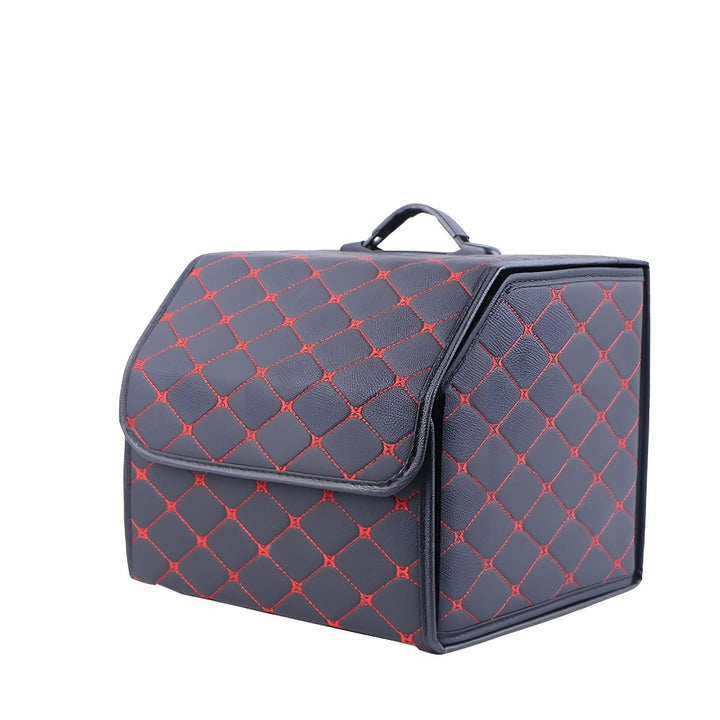 Foldable PU leather luxury car organizer box. Elegant trunk storage for a tidy vehicle, ideal for car accessories.