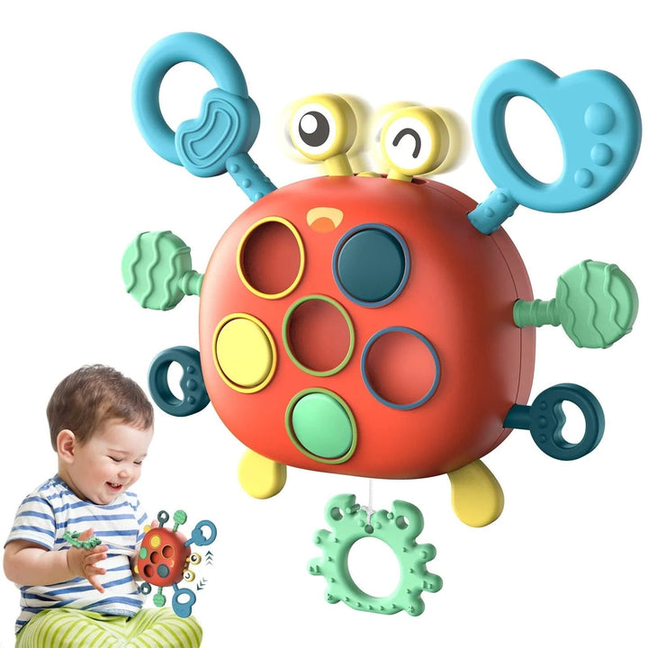Fun orange activity crab toy for infants, designed for sensory play & developing baby motor skills. Safe plastic.