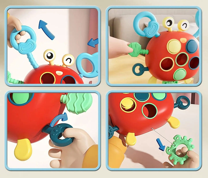 Developmental orange plastic crab toy, offering interactive sensory & motor skill activities for babies & infants. Safe.